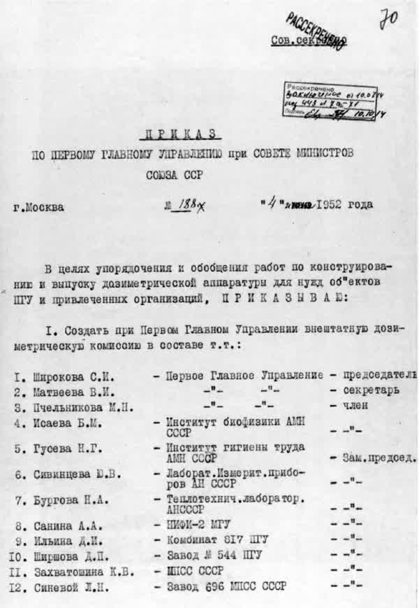 Приказ по ПГУ при СМ СССР № 188. 4 июня 1952